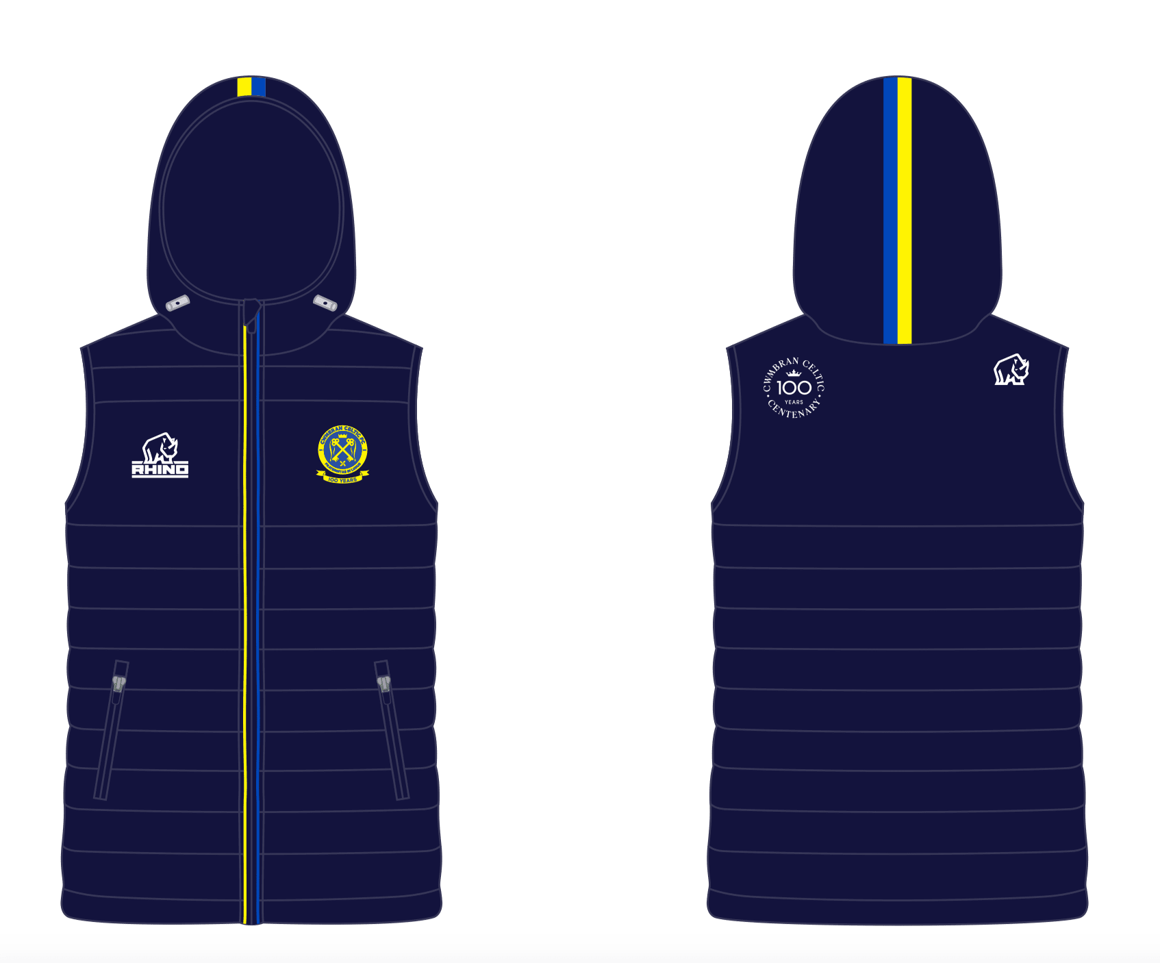 A navy bodywarmer with full-zip front, hood with distinctive white and grey striped lining, and brand and team logos.