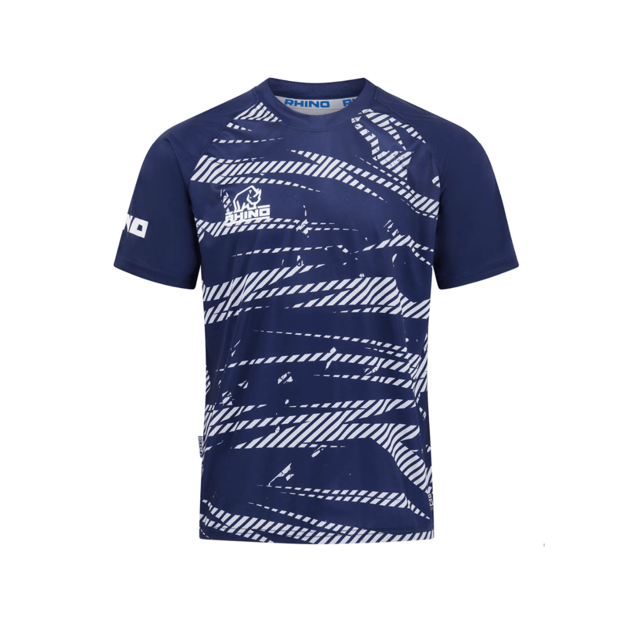 Navy blue t-shirt with white geometric pattern on a white background