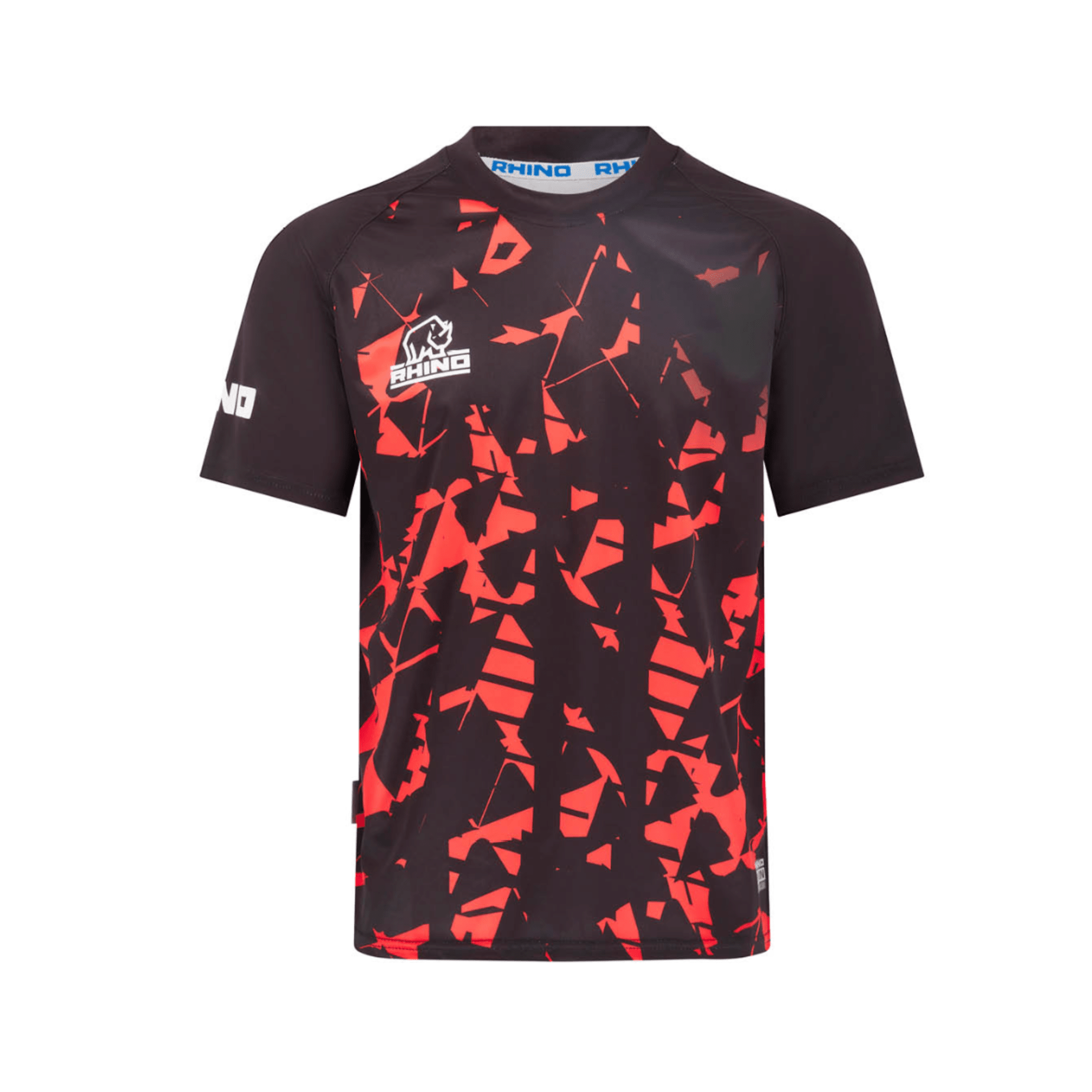 Black t-shirt with red geometric pattern